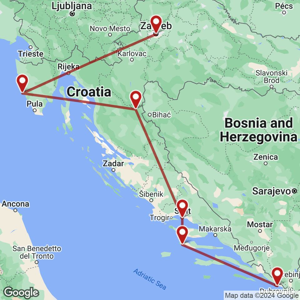 Route for Zagreb, Rovinj, Plitvice, Split, Hvar, Dubrovnik tour